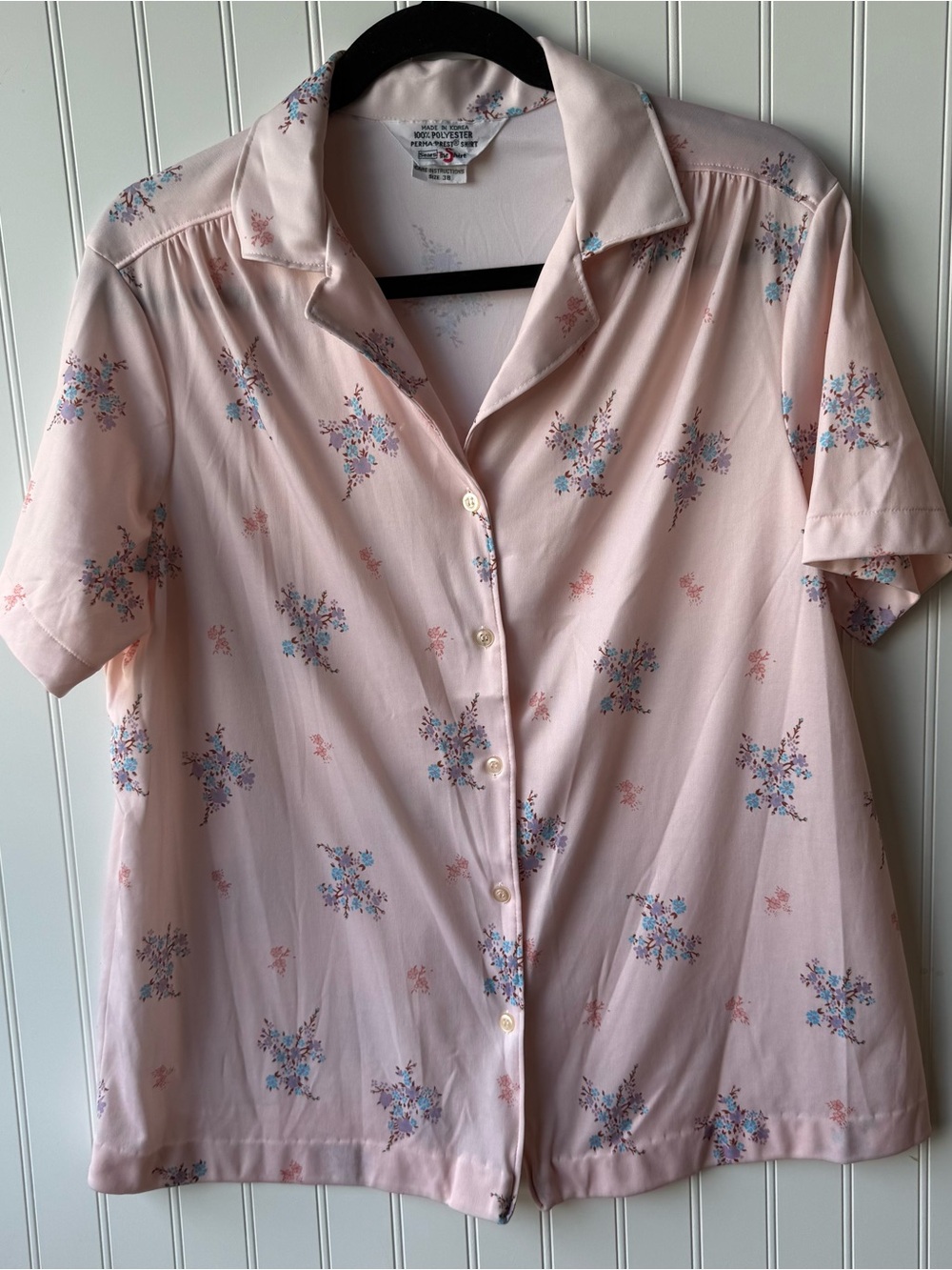Vintage Sears The Shirt Perma Prest Floral Blouse Pink Button Front